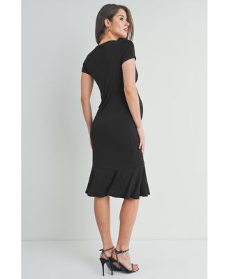 Maternity V-Neck Empire Waist Short Sleeve Midi Dress with Ruffle Hem
