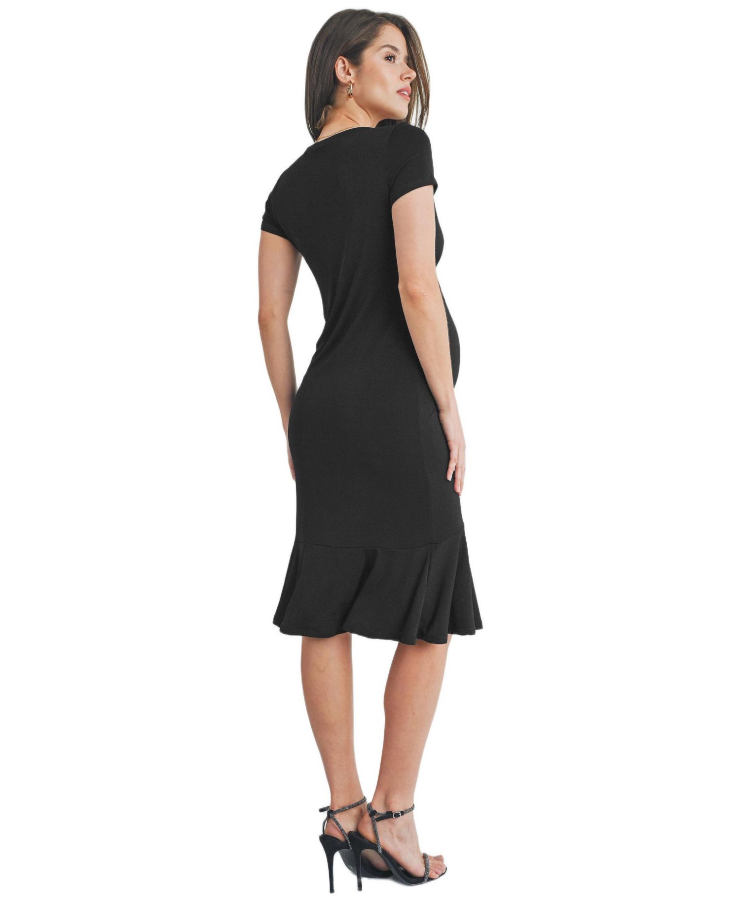 Women's V-Neck Empire Waist Short Sleeve Midi Dress with Ruffle Hem