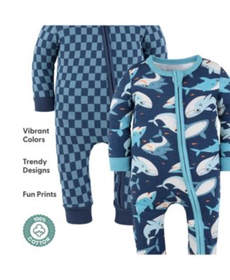 Baby Boys Checker & Happy Shark Cotton Footless Pajamas for Boys, 2 Pack