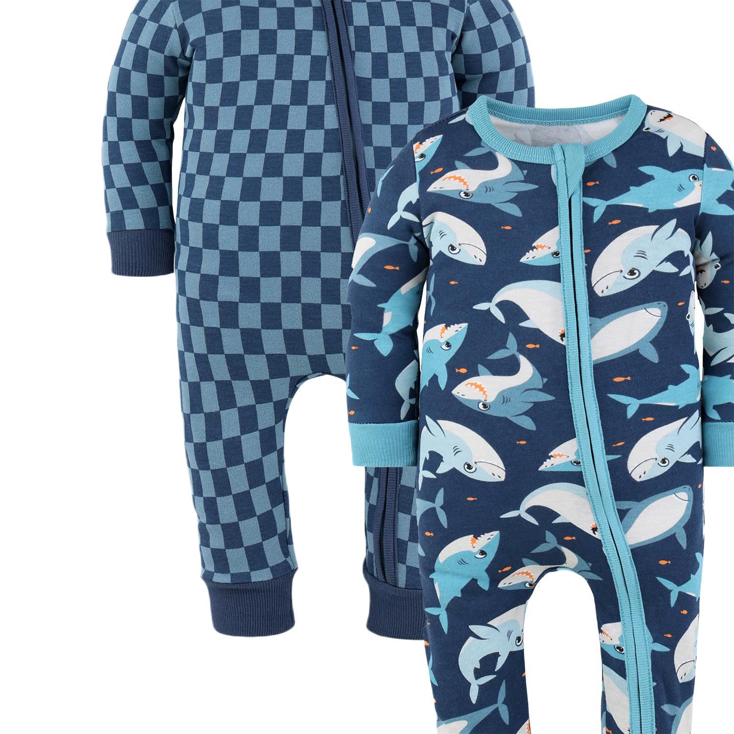 Baby Boys Checker & Happy Shark Cotton Footless Pajamas for Boys, 2 Pack