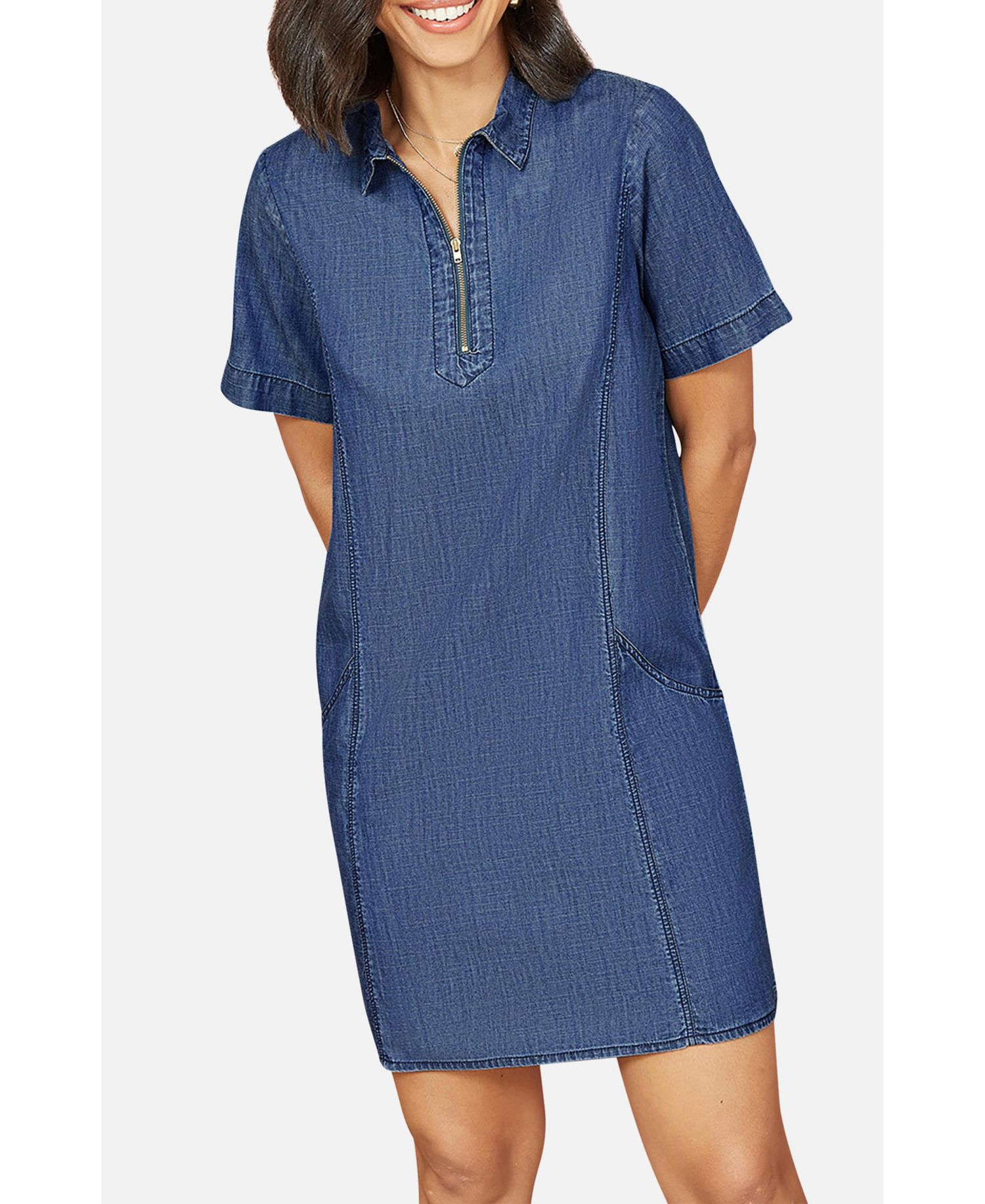 Women's Cotton Chambray Zip Neckline Dress
