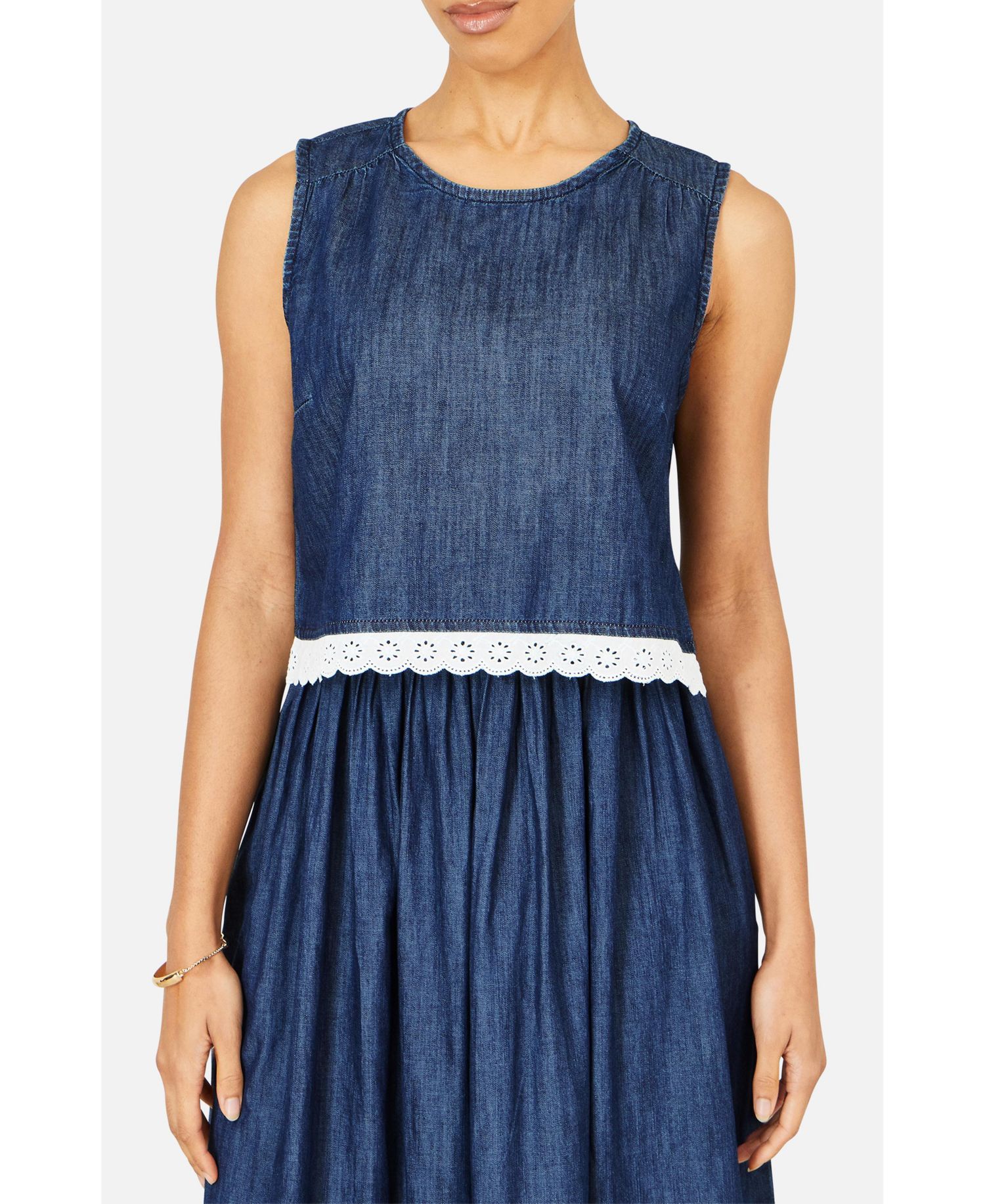 Women's Cotton Chambray Lace Trim Top