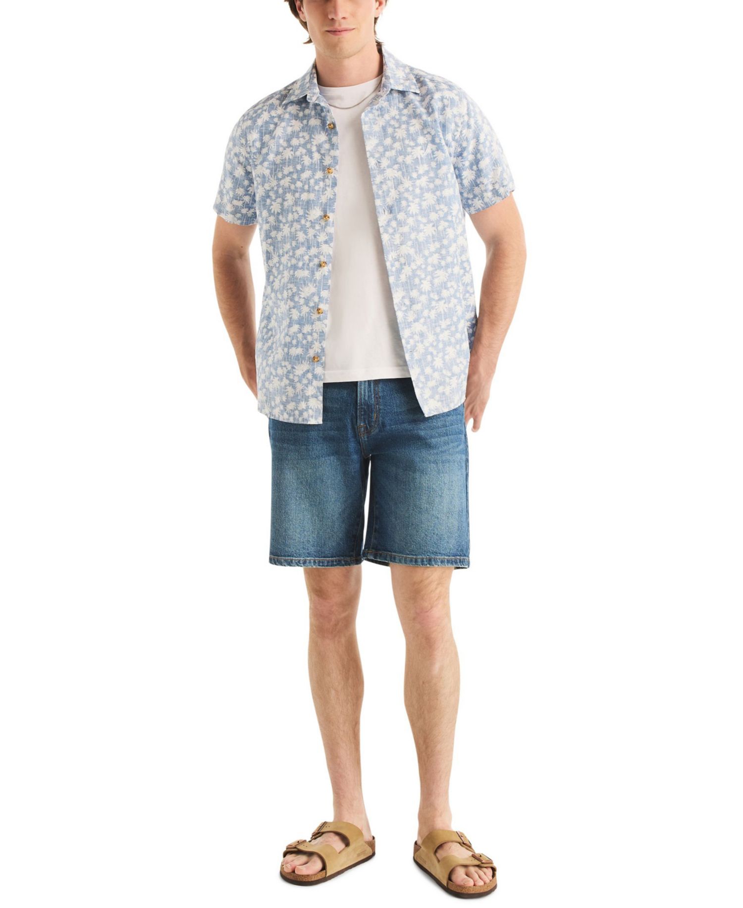 Men's Reverse Palm Tree Printed Linen Short-Sleeve Shirt