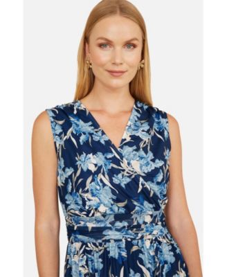 Women's Floral Wrap V Neck Midi Skater Dress