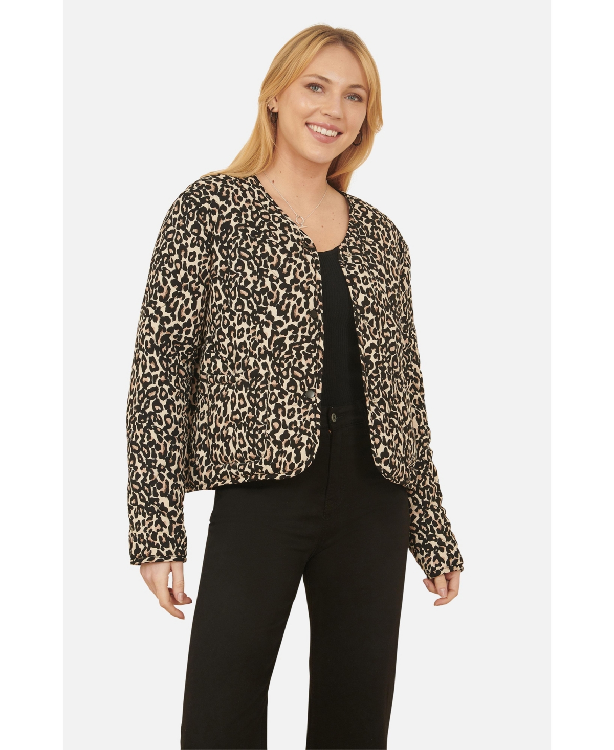 Yumi Women's Leopard Print Round Neck Boxy Jacket