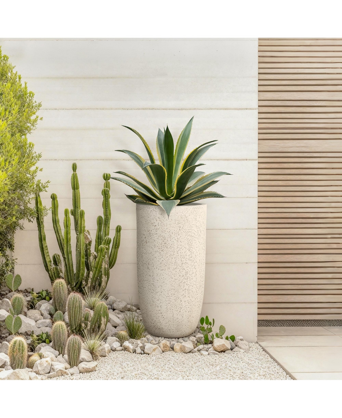 LuxenHome 22.72" Tall Round Tapered Planter, Travertine Stone Finish, Indoor/Outdoor Garden Pot