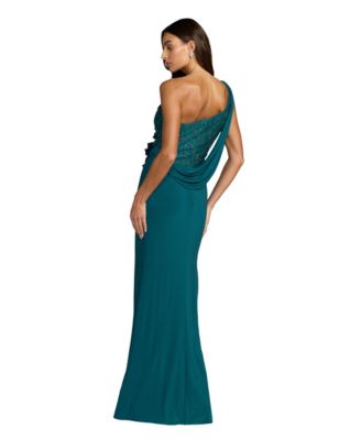 Women's Jersey One Shoulder Cowl Gown With 3D Flowers