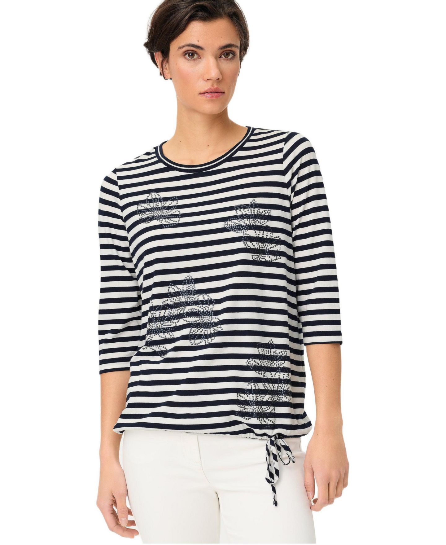 Женская футболка Olsen Striped with Sequin Floral Embellishment, цвет: Чернильный синий — фото 1
