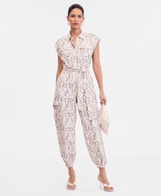 Women's Short-Sleeve Snake Print Belted Jumpsuit