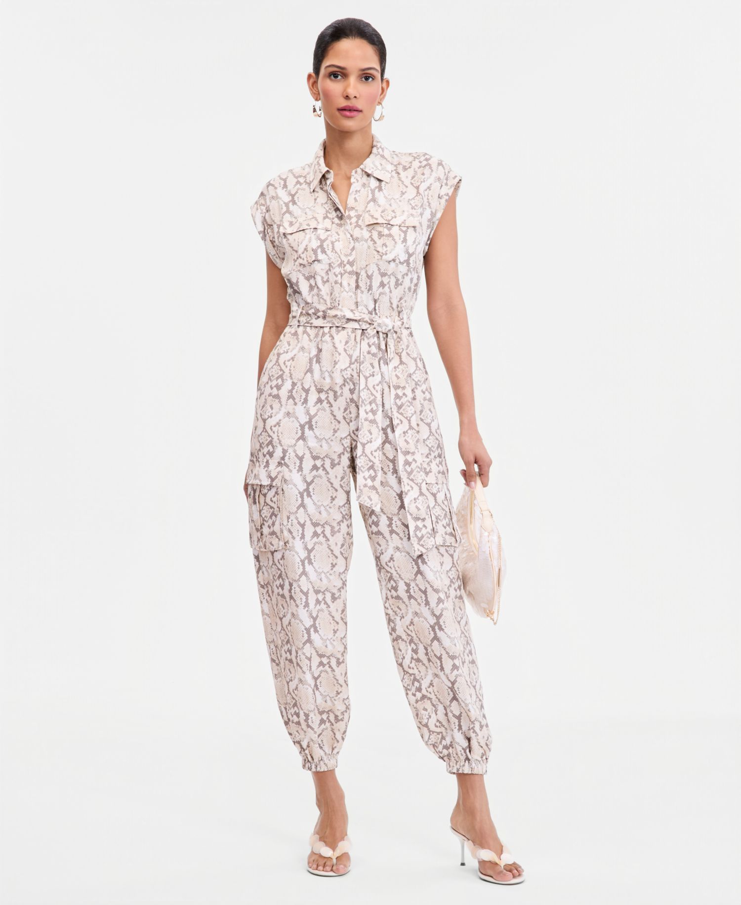 Women's Short-Sleeve Snake Print Belted Jumpsuit
