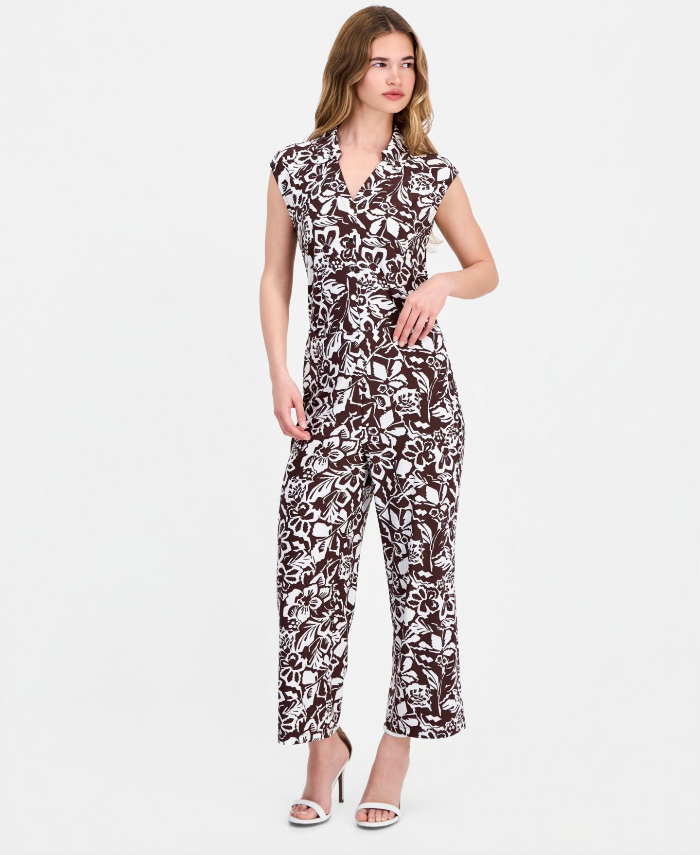 Женские брюки Anne Klein Essentials Petite Printed High-Rise Wide-Leg, цвет: Тёмный шоколадный / Белый — фото 1