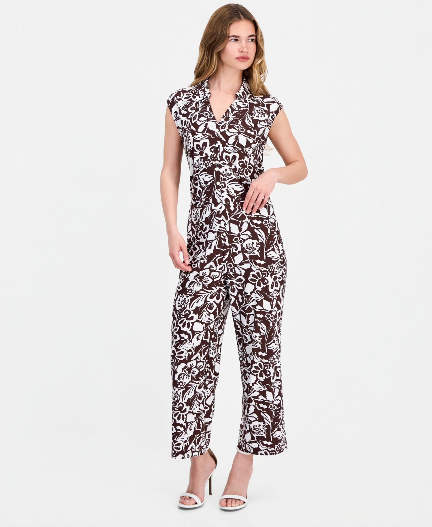 Petite Collared Button-Front Top & Printed High-Rise Wide-Leg Pants