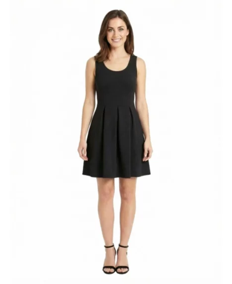 Petite Scoop Pleated Knee Length Dress - Black