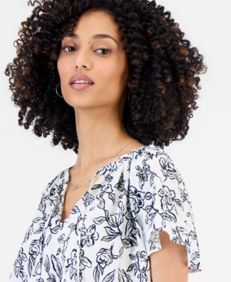 Women's Split-Neck Flutter-Sleeve Top