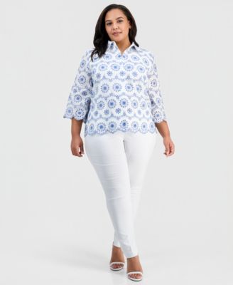 Plus Size Collared Eyelet-Embroidered Shirt