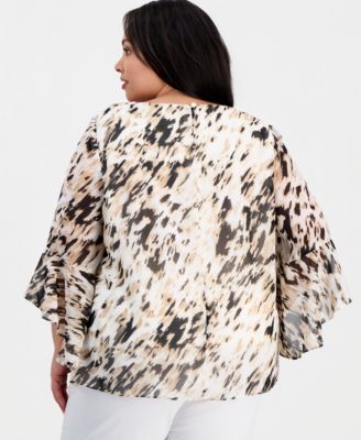 Plus Size Printed Boat-Neck Ruffle-Sleeve Blouse