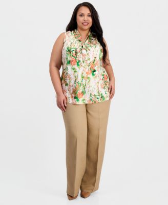 Plus Size Printed Tie-Neck Sleeveless Blouse 