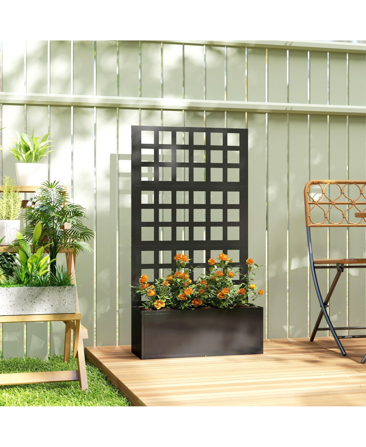 Outsunny Metal Planter Box with Trellis, Drain Holes