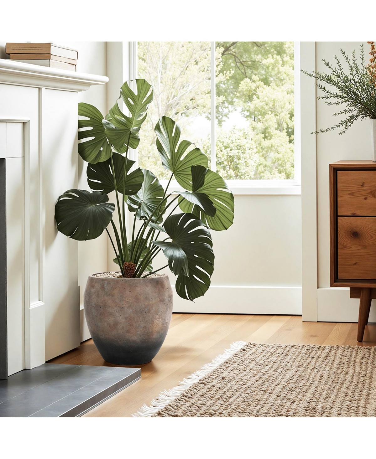 LuxenHome Vintage Base 13.8-Inch Tall Round Cement Planter