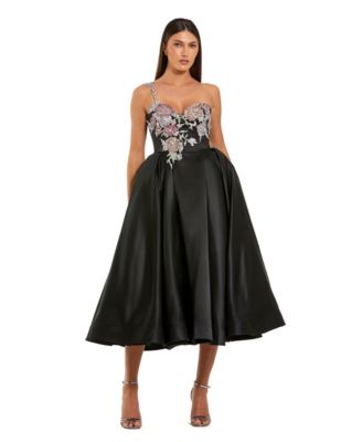 Women's One Shoulder Satin Midi Dress With Beaded Flowers