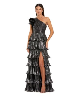 Women's Pleated Metallic Tiered Ruffle One Shoulder Gown