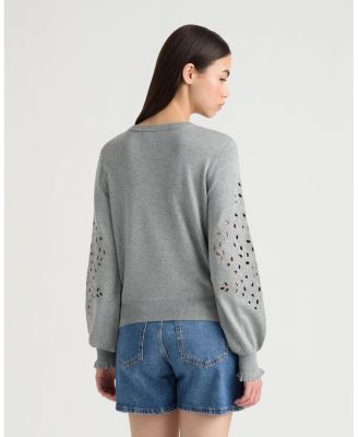 Women's Long Sleeve Eyelet Crew Neck Sweater