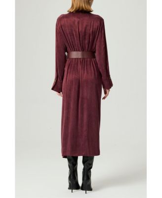 Women's Belted Draped Shirt-Collar Maxi Dress