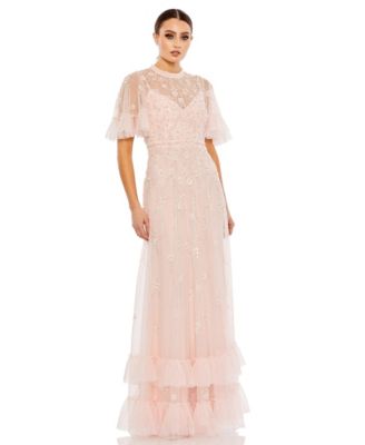 Women's Ruffled Floral Embellished Flutter Sleeve A Line Gown