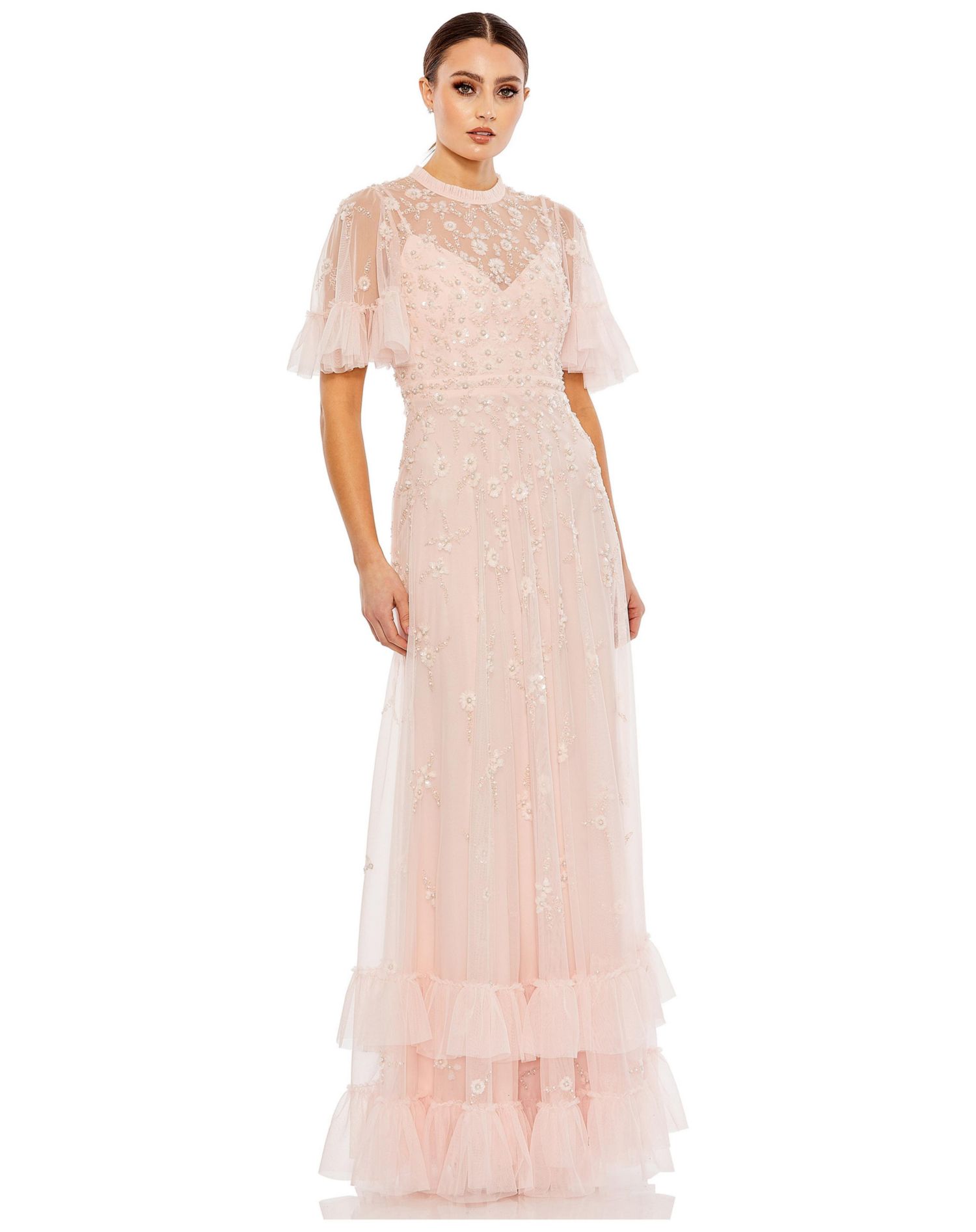 Women's Ruffled Floral Embellished Flutter Sleeve A Line Gown
