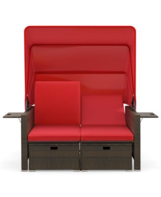 Rattan Daybed w/ Adjustable Backrests & Retractable Canopy for Patio