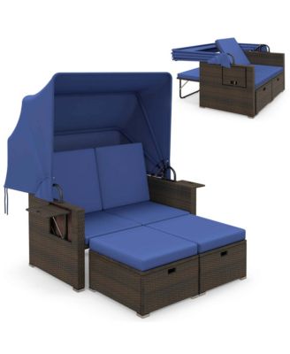 Rattan Daybed w/ Adjustable Backrests and Retractable Canopy for Patio