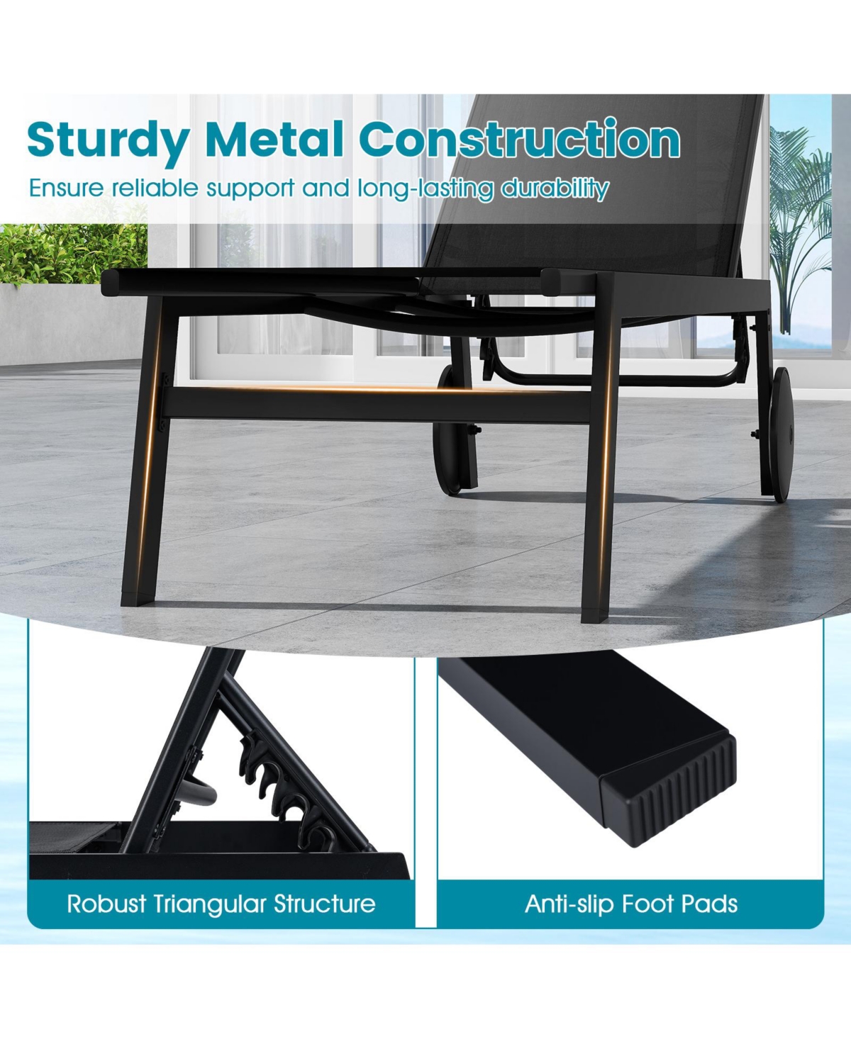 Gymax 2PCS Patio Chaise Lounge w/Wheels Adjustable 6-Position Backrest Breathable Seat Outdoor