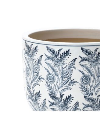 Blue Botanical Floral Ceramic Planter, 15.5" Round Garden Pot for Indoor & Outdoor Plants