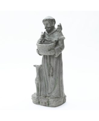 Saint Francis Garden Statue with Birdfeeder Bowl, Outdoor Sculpture with Animal Companions