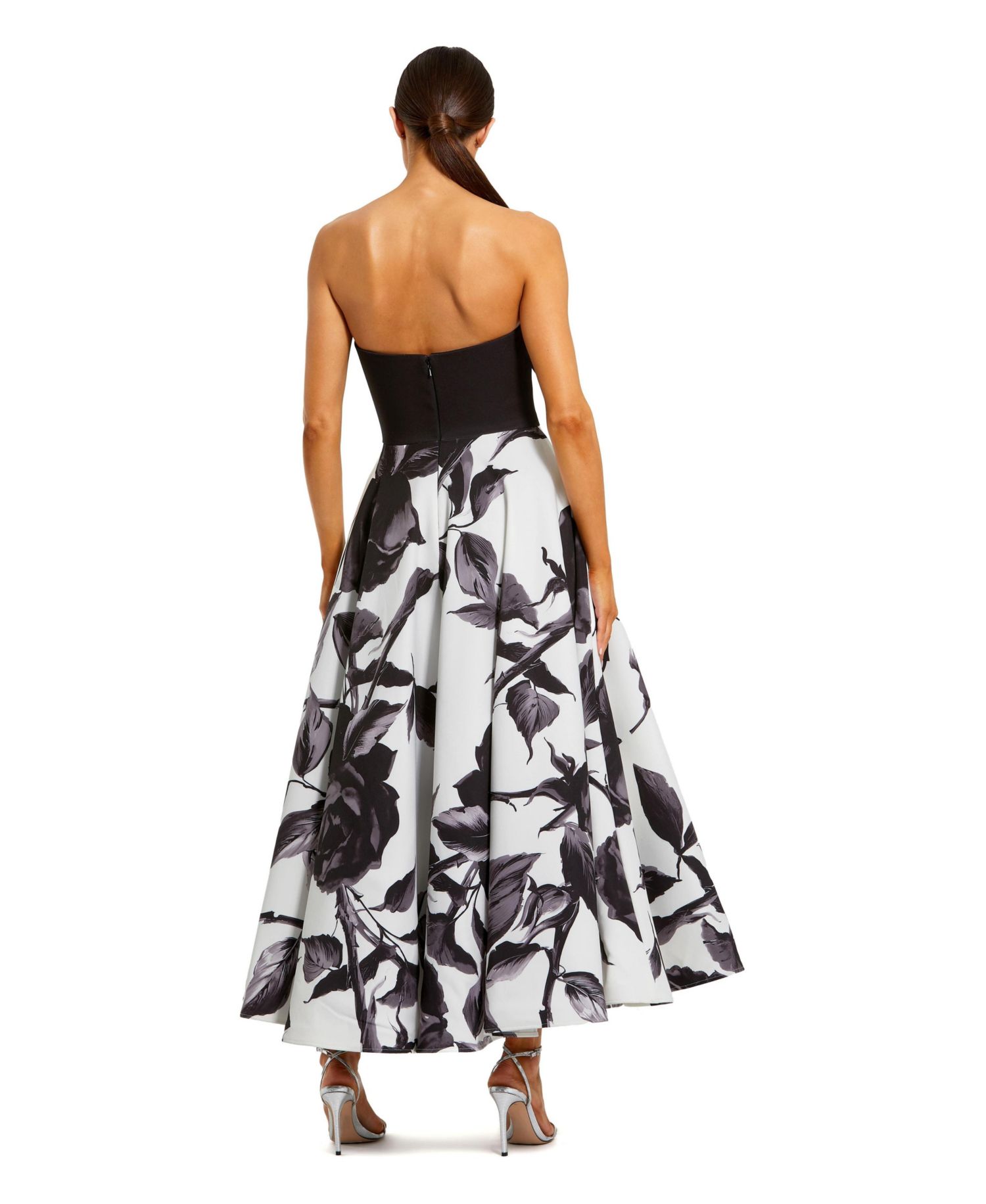 Women's Crepe Printed Strapless Midi Dress With Bow