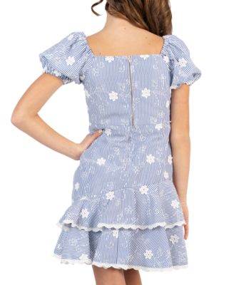 Big Girl 7-16 Striped Embroidered Puff Sleeve Ruffle Hem Dress
