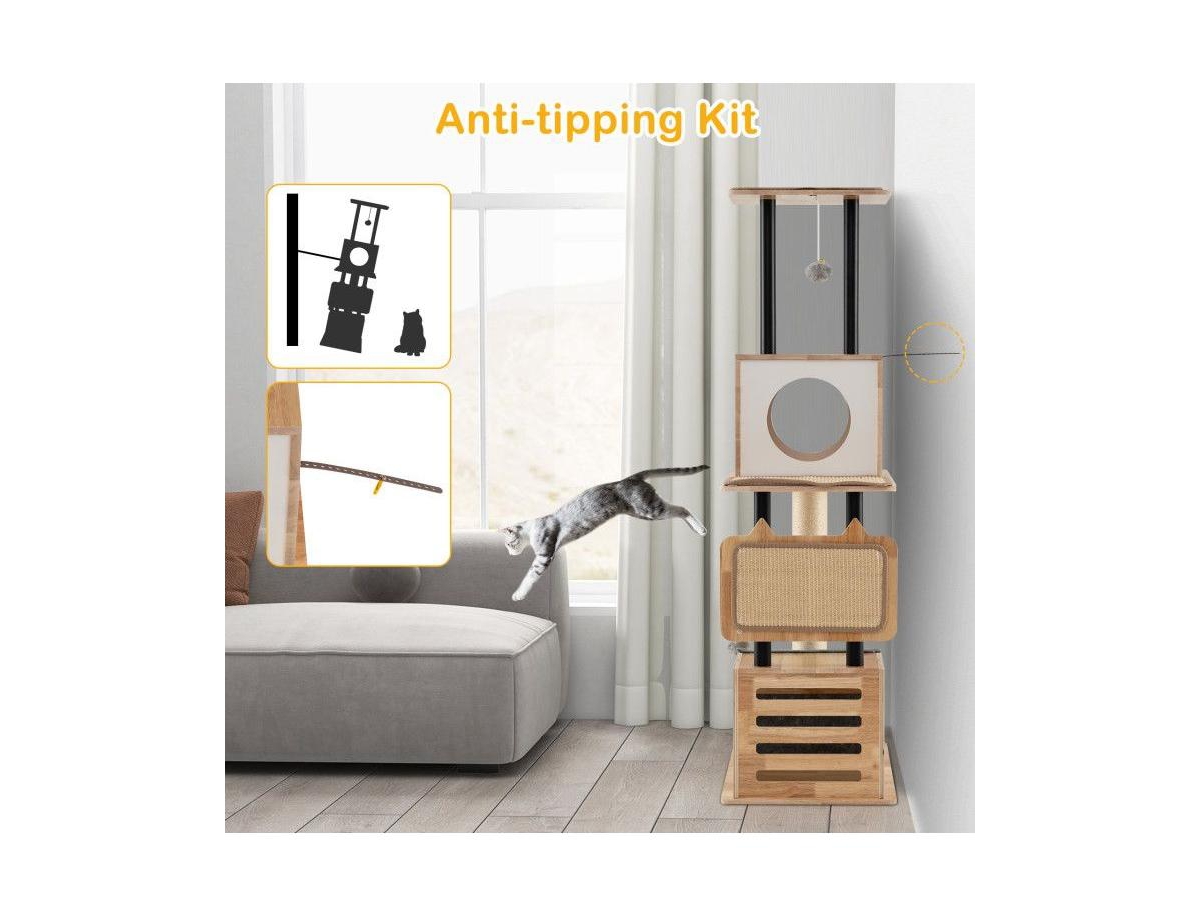 Aostirmotor Modern Tall Cat Tower with Double Condos, Dangling Balls & Sisal Carpets, Indoor Cat Furniture