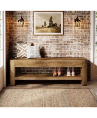 Farmhouse Entryway Bench, 53.5" Wood End of Bed Bench with Shoe Storage, 2-Tier Narrow Indoor Bench