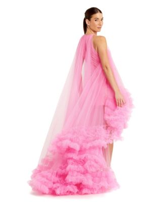 Women's Tulle High Neck Sleeveless Ruffled Hem Hi-Lo Gown