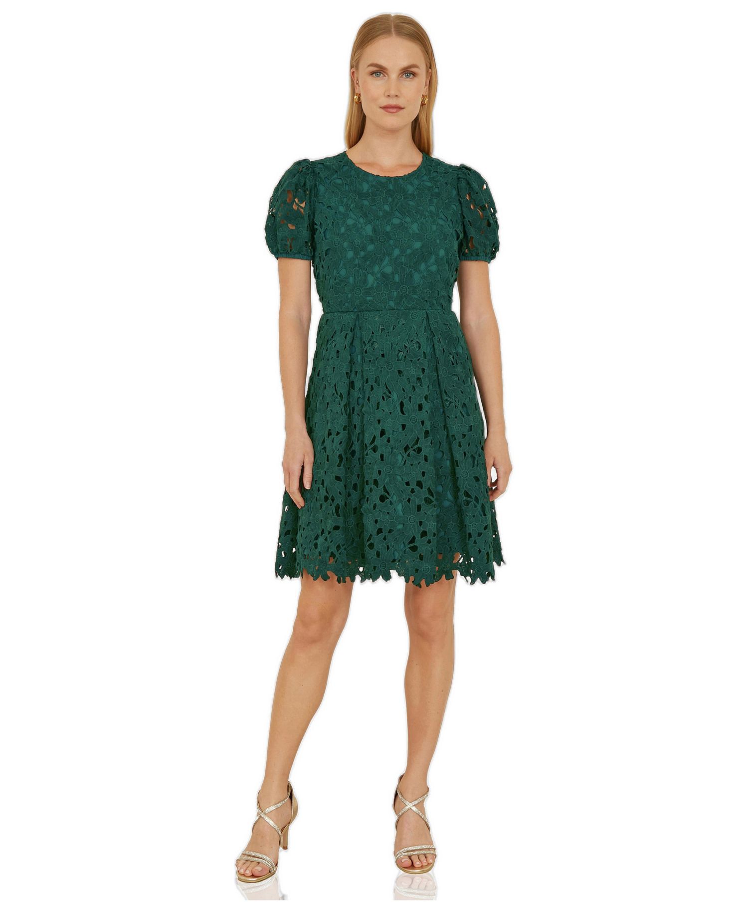 Women's Lace Puff Sleeve Fit Flare Mini Dress