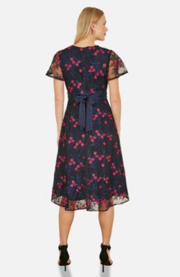 Women's Floral Mesh Wrap Midi Skater Dress