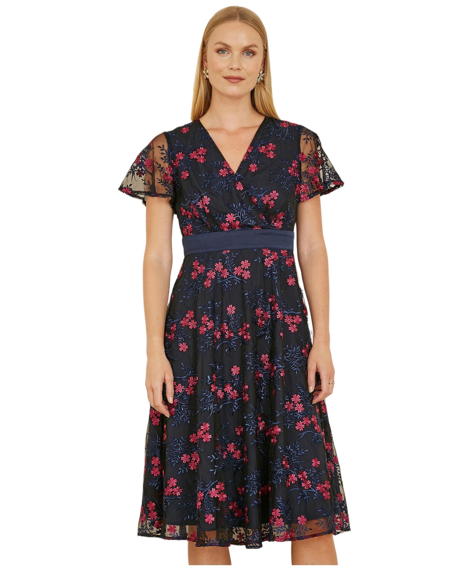 Women's Floral Mesh Wrap Midi Skater Dress
