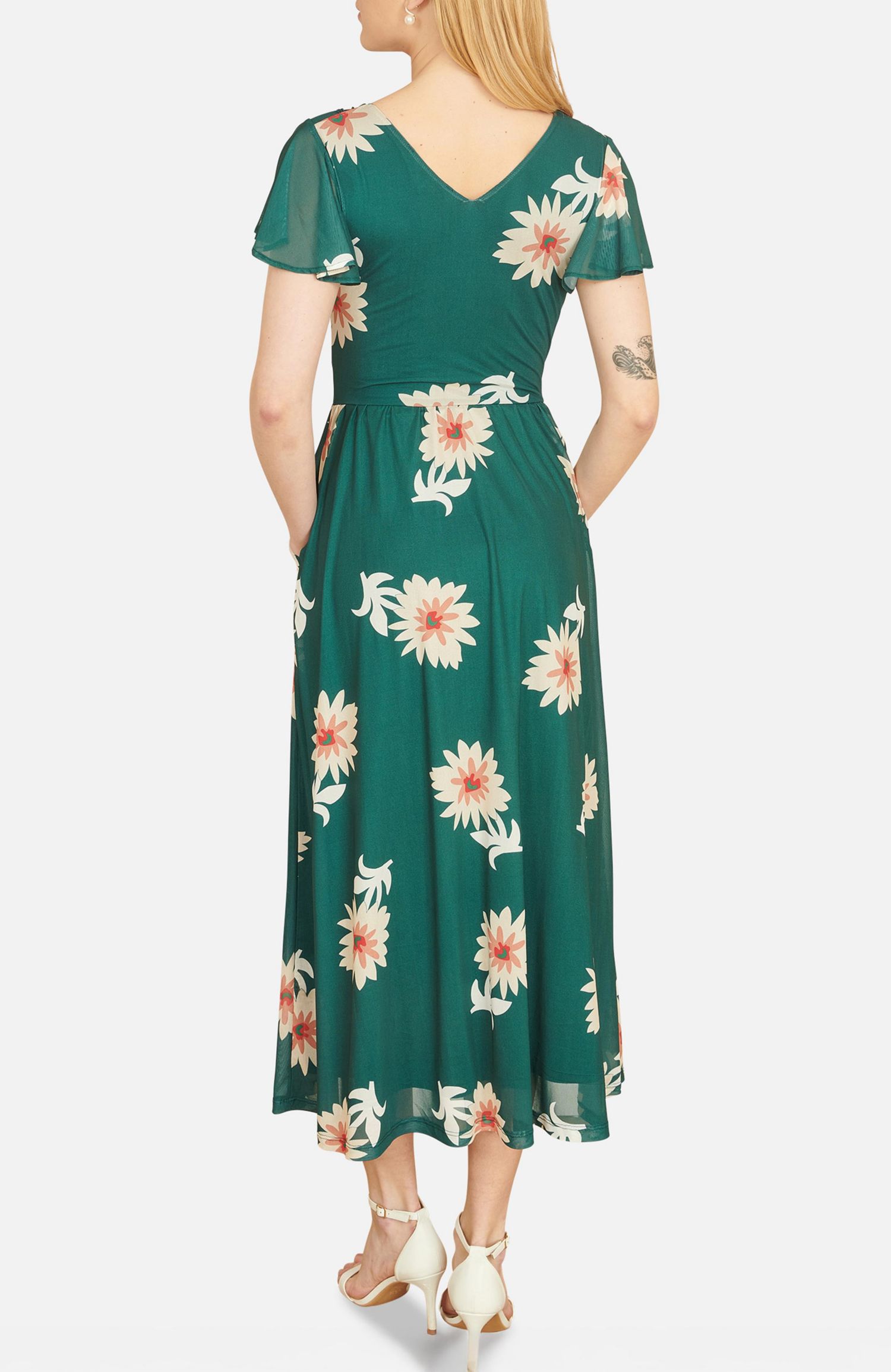 Women's Mesh Flower With Pockets Wrap Midi Dress
