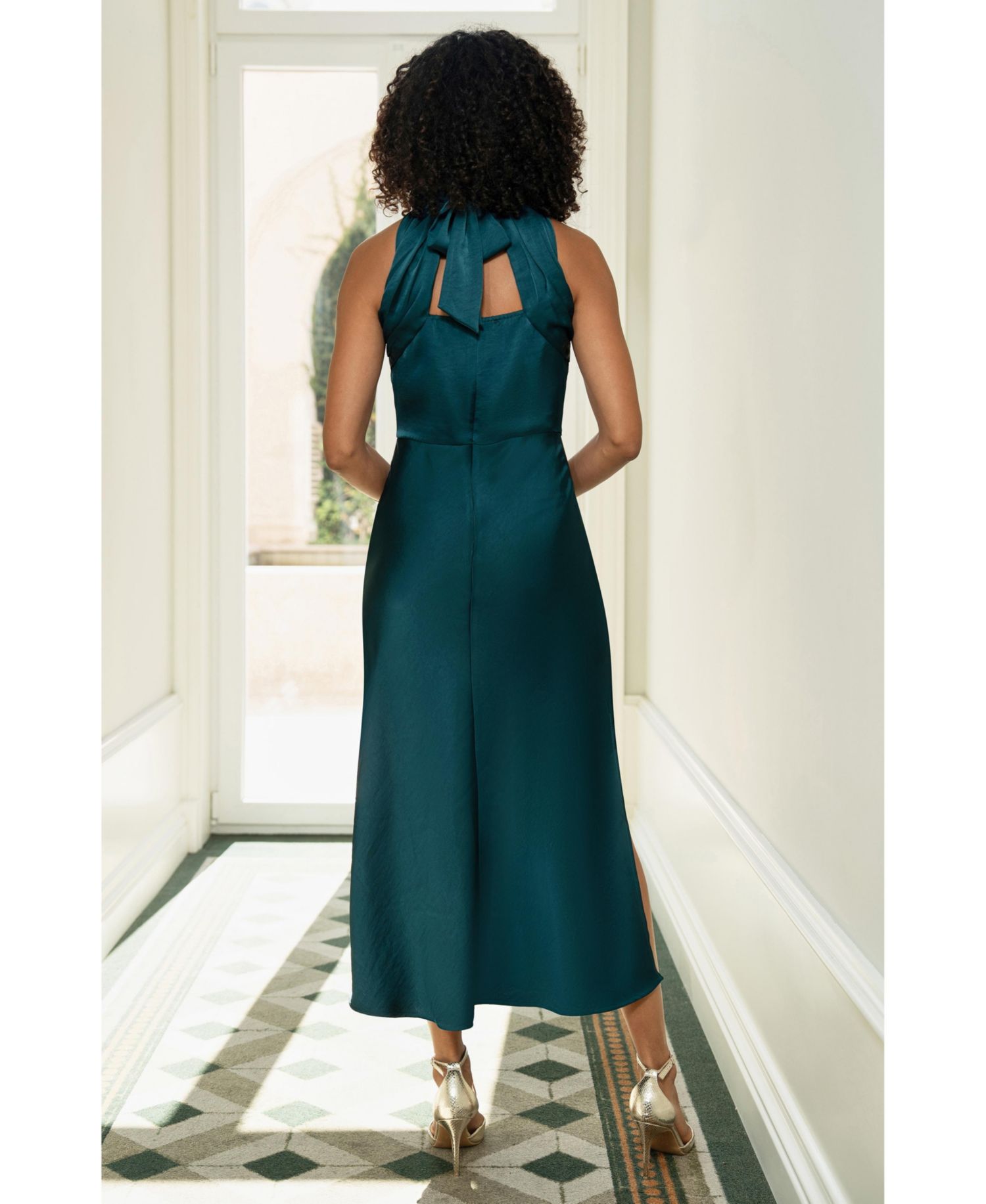 Women's Satin Halter Neck Midi Dress