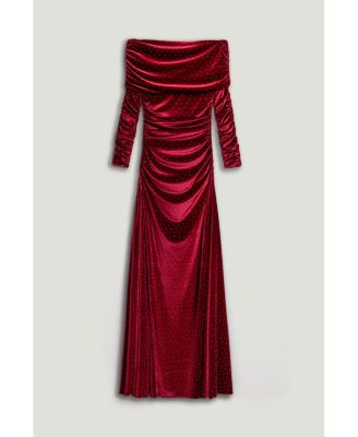 Women's Off-Shoulder Velvet Maxi Dress with Rhinestone Detail