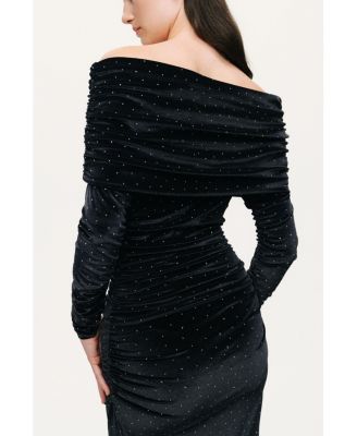 Women's Off-Shoulder Velvet Maxi Dress with Rhinestone Detail