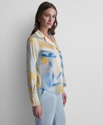 Women's Printed Long-Sleeve Covered Placket Top