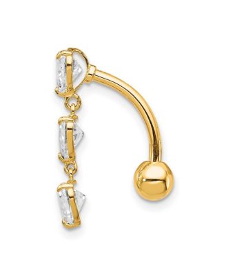 Solid 10k Yellow or White Gold 14g 5mm Triple Heart Cubic Zirconia Belly Ring Dangle