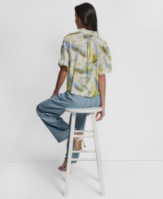 Women's Roll-Tab Sleeves Collar Neck Top