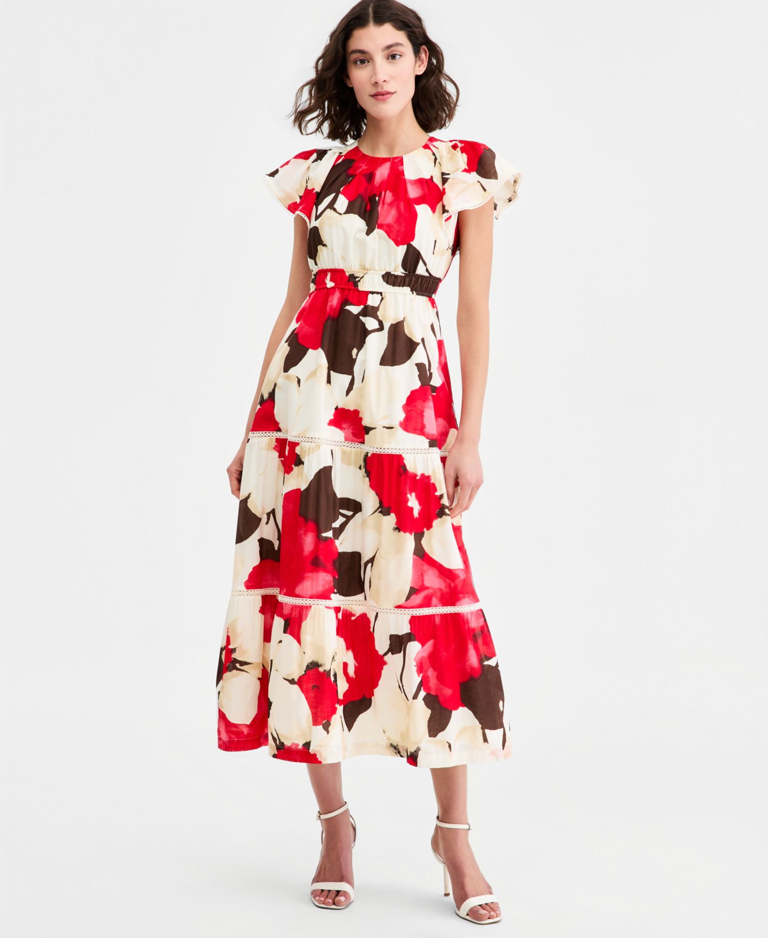 Petite Flutter-Sleeve Tiered Dress